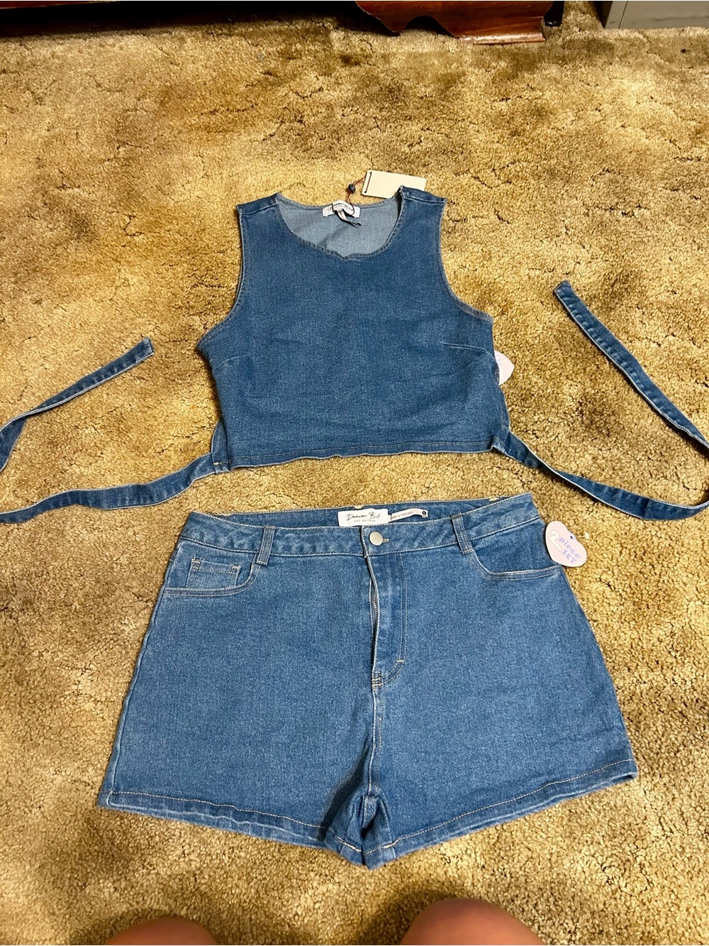 Denim Cropped Open Back Tie Tank and High-Rise Shorts Set - Medium Wash Denim